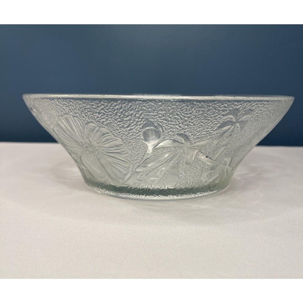 KIG Indonesia Vintage Floral and Leaf Pressed Clear Glass Serving Salad Bowl